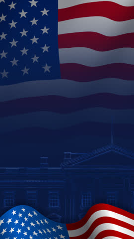 Happy 4th of July greeting animation vertical. lettering text with the white house outline and waving USA flag background and fireworks splash, Happy Independence Day united states of america concept