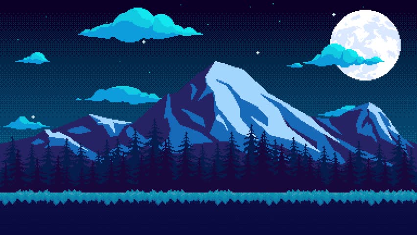 Pixel animation of mountains with clouds and moon at night. Pixel art animated background, old school video game style 8 bit.