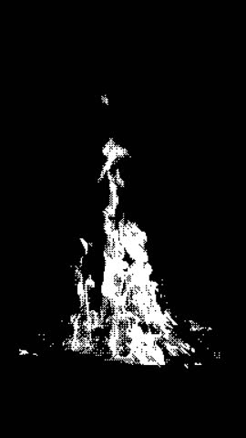 White flames on black background with pixelated dithering effect. Stylized animation with retro look, perfect for abstract or creative use.