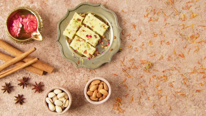Traditional Indian Diwali Sweets Displayed on Festive Table in 4K – Celebratory Deepavali Treats with Lamps and Colorful Decor
