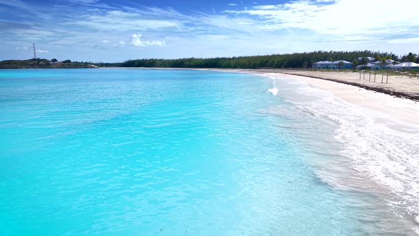 Aerial view of the beautiful beach at Emerald Bay at Great Exuma island, The Bahamas, Caribbean Sea