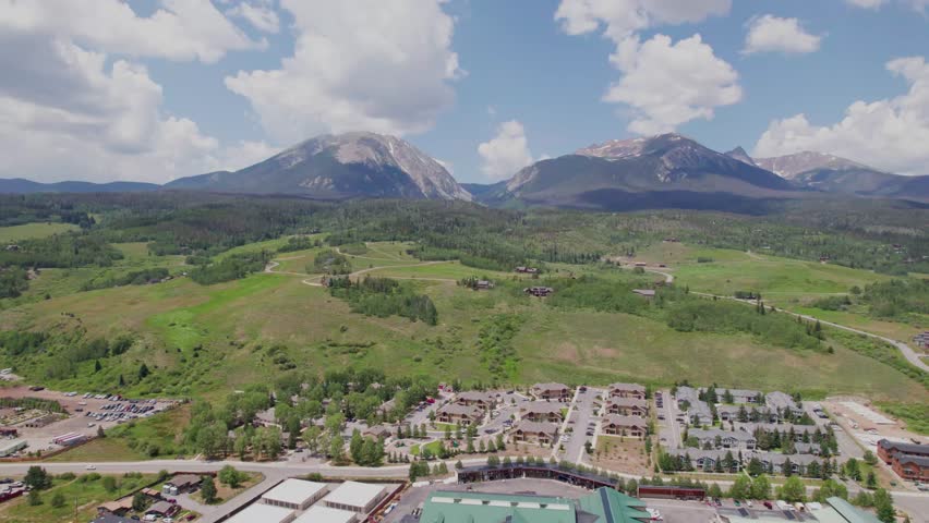 This is an aerial video of Silverthorne Colorado. Camera pan to the right with mountains in the background and buildings in the foreground.