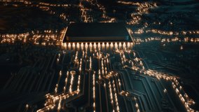 Animated current flow on circuit board. Digital technology data transfer background. Computer processor CPU concept. Digital chip on motherboard. 3D microchip abstract backdrop. AI machine learning - Powered by Shutterstock - Get 15% off with code: PIKWIZARD15