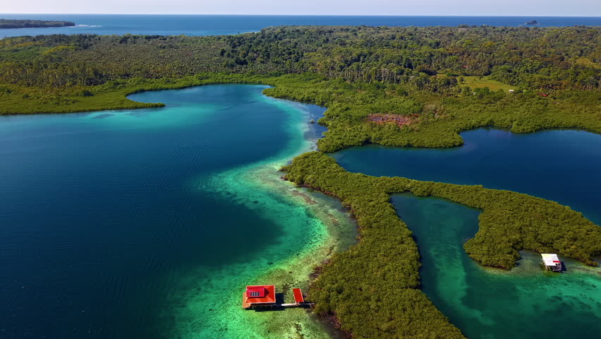 Boca del Drago With Starfish Beach In View. Bocas del Toro Province In Panama. aerial panning shot