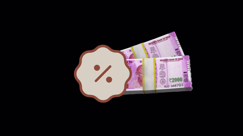 Discount Offer Icon – 2000 Rupee Bundle with Percentage Badge Motion. Perfect for sale banners, offers, Indian discount visuals, and fintech promos. Transparent background included.