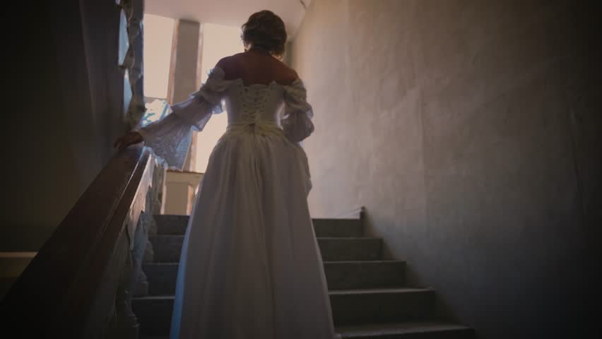 Dark silhouette woman queen is climbing the stairs, walking up steps to window, waiting love. Fantasy fairy lady Happy Princess girl, white silk vintage long dress victorian old style back rear view.