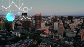 Aerial view of a modern urban skyline enhanced with dynamic digital charts, futuristic interface elements, and holographic analytics, showcasing statistical insights data-driven smart city innovation - Powered by Shutterstock - Get 15% off with code: PIKWIZARD15