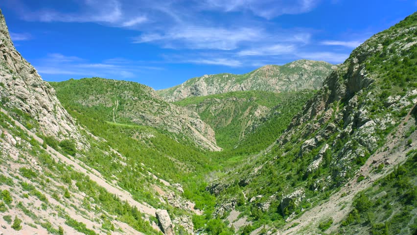 Aerial view of a green mountain valley with rocky slopes under a blue sky in the Himalayas.