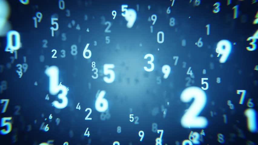 White numbers floating, swirling, and gently moving against a dark blue digital background, creating a seamless loop perfect for technology or data related projects