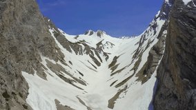 Aerial view of snow and rock-covered mountains forming a steep valley under a clear blue sky in the Himalayas. - Powered by Shutterstock - Get 15% off with code: PIKWIZARD15