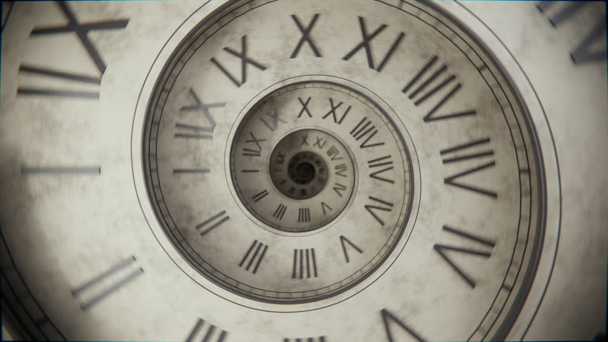 Seamless loop animation of an old spiral clock with grunge texture. Symbolic seamless loop of aging time and nostalgia.