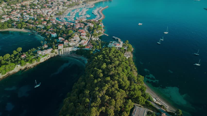 Aerial View Of Beautiful Coastal Seaside Town In French Riviera, Cap-Ferrat Marina On Mediterranean Coast