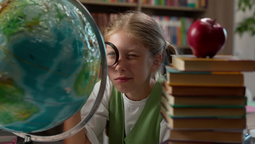 Curious funny adorable intelligent Caucasian little girl playful schoolgirl child school kid pupil learner student looking globe through magnifying glass studying education world map exploring indoor
