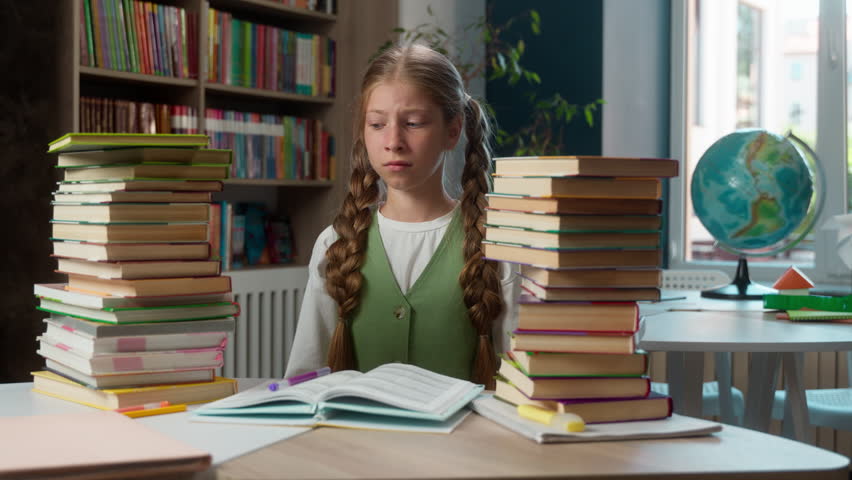 Scared fatigued upset Caucasian little girl child kid schoolgirl school pupil learner student looking camera showing paper sign help too much homework schoolwork overload mental burnout in classroom