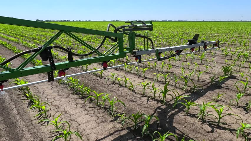 Spraying corn against weeds. Crop sprayer working on a corn field, slow motion. Spring day landscape, rural scene. The tractor and the sprayer protect the corn from weeds to the increase crop yield