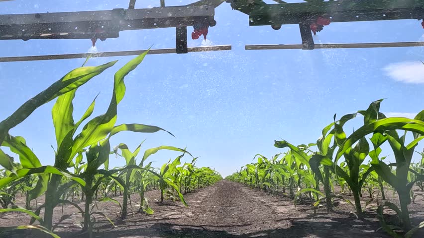 Spraying corn against weeds. Crop sprayer working on a corn field, slow motion. Spring day landscape, rural scene. The tractor and the sprayer protect the corn from weeds to the increase crop yield