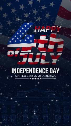 Happy 4th of July greeting animation vertical. lettering text with the white house outline and waving USA flag background and fireworks splash, Happy Independence Day united states of america concept