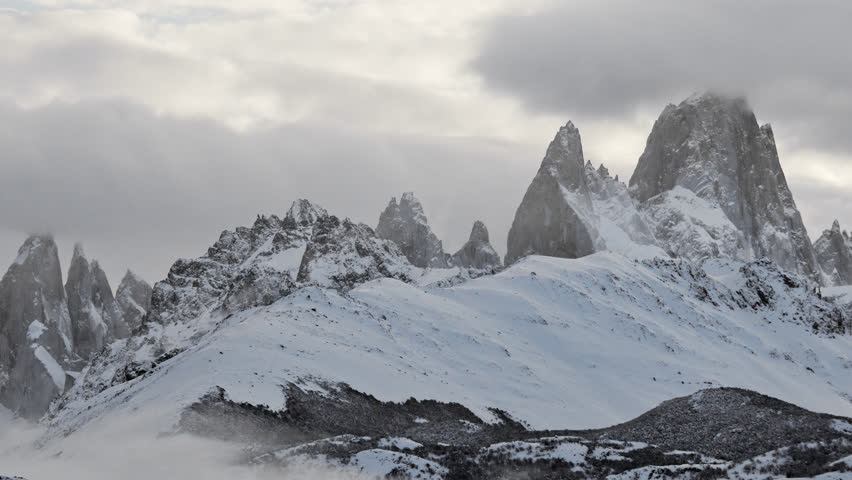 Mount Fitz Roy and Cerro Torre seen from el Chalten in winter. Los Glaciares National Park, Patagonia.