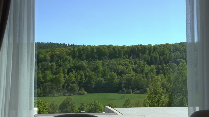 Captivating view of a lush green forest and open fields seen through a window, presenting a tranquil natural landscape on a bright, clear day.