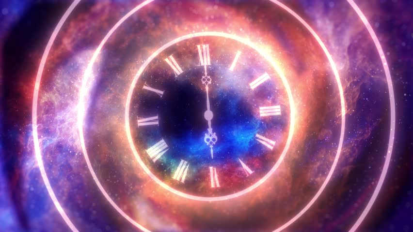 Clock hands spin in reverse directions over a cosmic background, visualizing time paradox, alternate reality, or temporal distortion