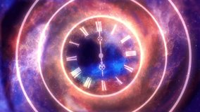 Clock hands spin in reverse directions over a cosmic background, visualizing time paradox, alternate reality, or temporal distortion - Powered by Shutterstock - Get 15% off with code: PIKWIZARD15