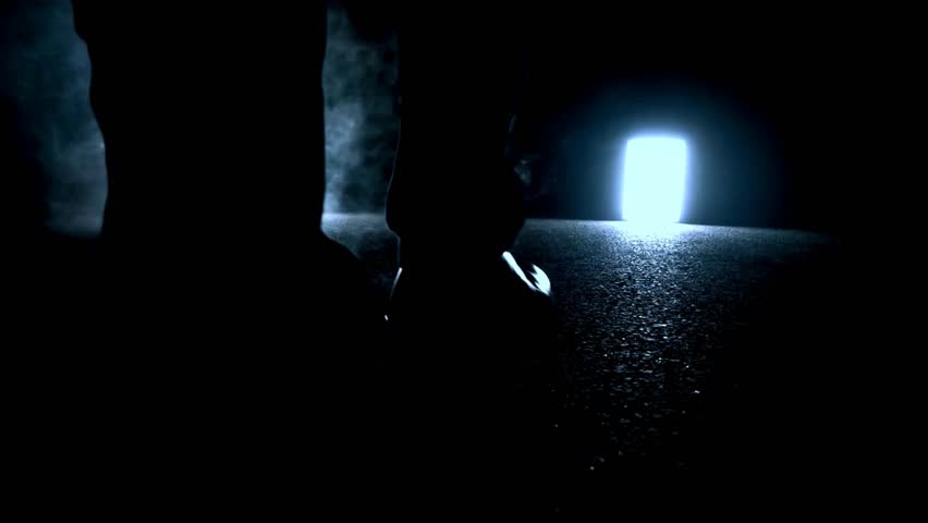 Glowing Rectangular Object in Dark Environment, Mysterious Figure Approaching