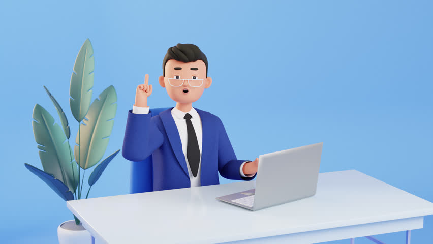 Man working on laptop, Eureka. hand gesture, index finger up. Concept of a great idea, brainstorming. Solution of the problem, right decision. 3d character animation, businessman, looped