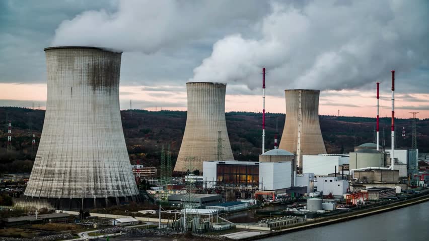 Industrial Nuclear Power Plant with Cooling Towers and Steam Emission