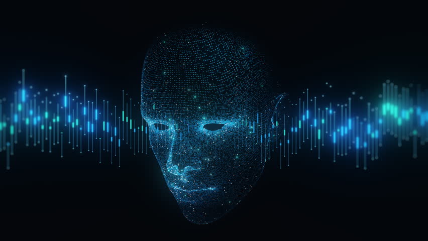 3D AI face with glowing data streams and financial chart bars, symbolizing AI support in financial analysis