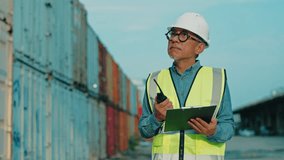 Asian senior engineer in safety vest and hard hat using a walkie-talkie while reviewing documents on a clipboard. Male worker standing at a cargo container site outdoors. - Powered by Shutterstock - Get 15% off with code: PIKWIZARD15
