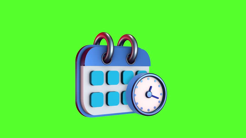 3D animation of calendar and clock icon on green screen. Time management and scheduling concept.