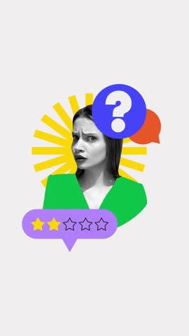 Woman with questioning expression and 2-star rating. Stop motion, animation. Customer dissatisfaction and uncertainty about service. Concept of testimonials, feedback, brand trust, business, marketing