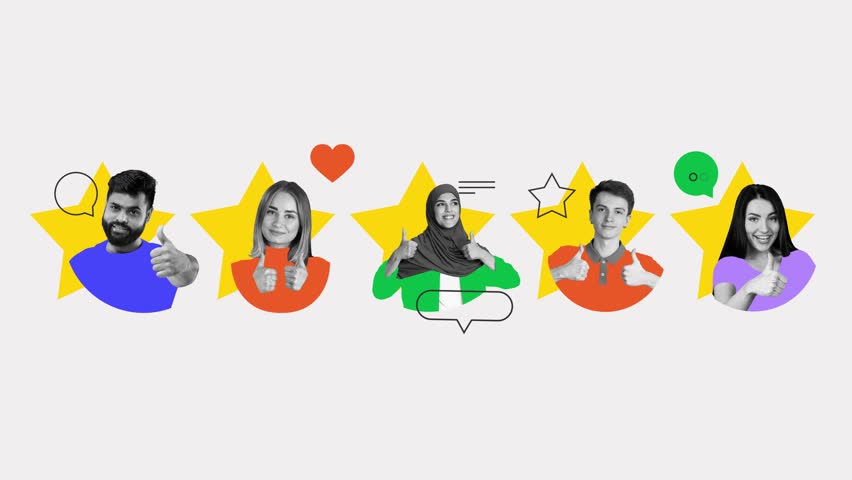 Diverse people showing thumbs up with stars. Stop motion, animation. Unity of multicultural voices sharing satisfaction and brand approval. Concept of testimonials, diversity, customer feedback.