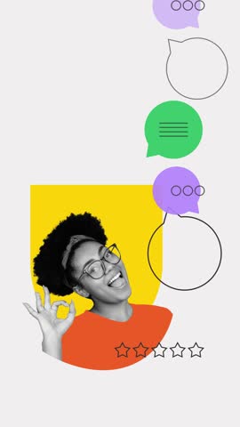 Playful rating. Happy woman showing OK sign with mid-rating graphic and message bubbles. Stop motion, animation. Concept of client feedback, engagement, marketing interaction, branding, testimonial