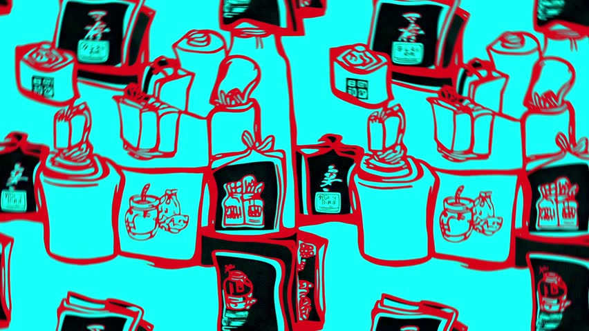 Animated pattern contains illustrated Asian drink cups and packaged products arranged in a graphic duotone repeat with cyan and red tones on a dark background. Heavy outlines and stylized Chinese characters appear in a high contrast flat vector style, seamless loop for video background. Rotation motion. Detailed vintage label collage with layered packaging graphics, aged textures, printed stamps, grocery branding, retro typography, and repeating layout structure designed as a seamless animated background for video use.