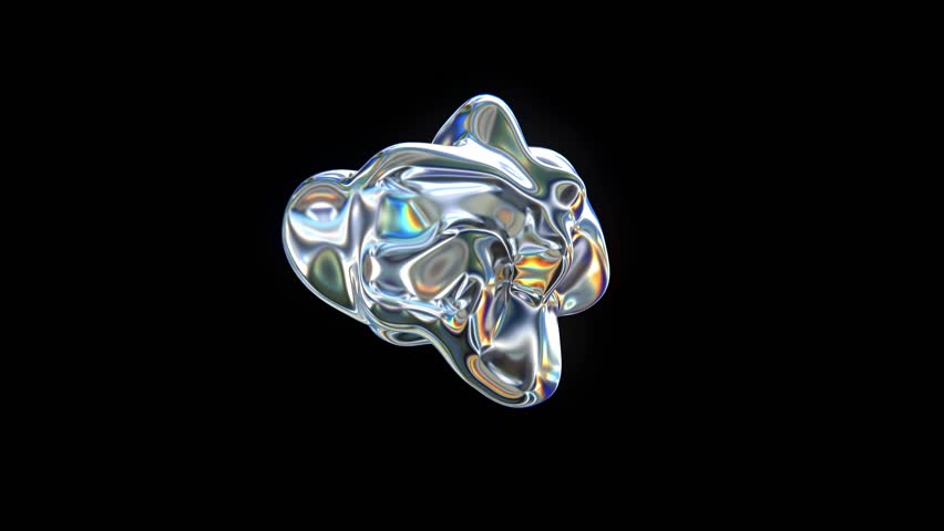 Looped animation of chrome liquid blobs in a holographic gradient space. Abstract 3D composition with vibrant metallic shapes, fluid motion, and psychedelic glossy reflections.