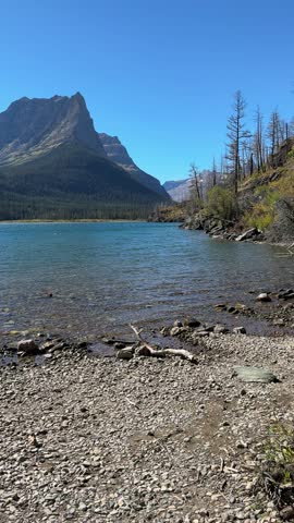 Panoramic view of majestic mountains in Glacier National Park from Saint Mary Lake