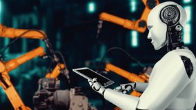 Cybernated industry robot and robotic arms for assembly in factory production . Concept of artificial intelligence for industrial revolution and automation manufacturing process . - Powered by Shutterstock - Get 15% off with code: PIKWIZARD15