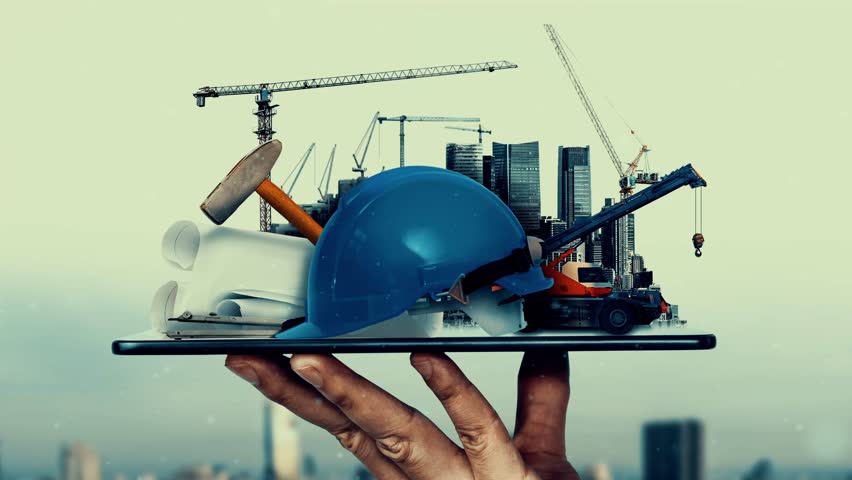 Innovative architecture and inventive civil engineering plan building construction project. Creative graphic design showing concept of infrastructure city building by architect, worker and engineer.