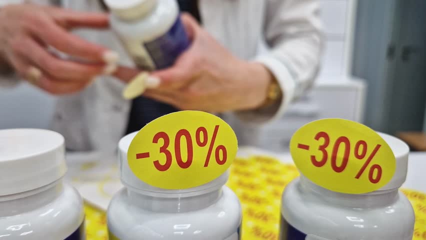 Young woman pharmacist wearing white uniform attaching discount stickers to medicine items from stocked pharmacy or medical supply store. Marketing advertising with 30% cutprice sale at drugstore