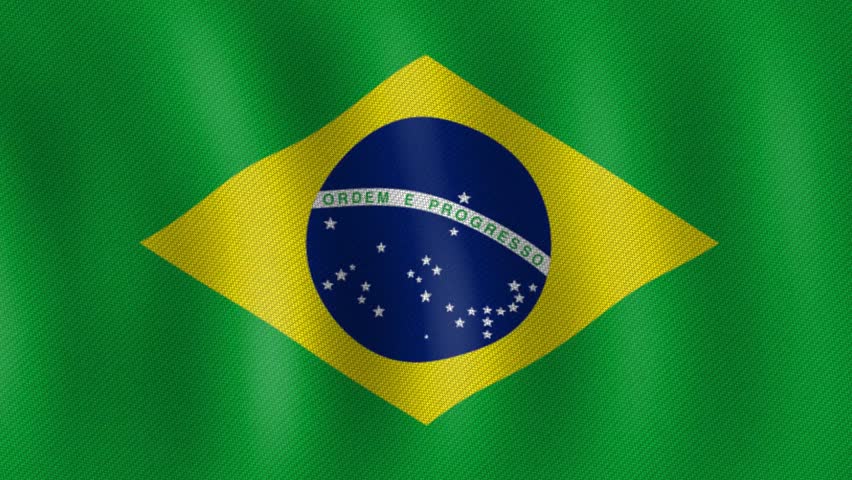Brazilian national flag waving in the wind with vibrant green, yellow and blue colors, representing national pride and unity of Brazil.