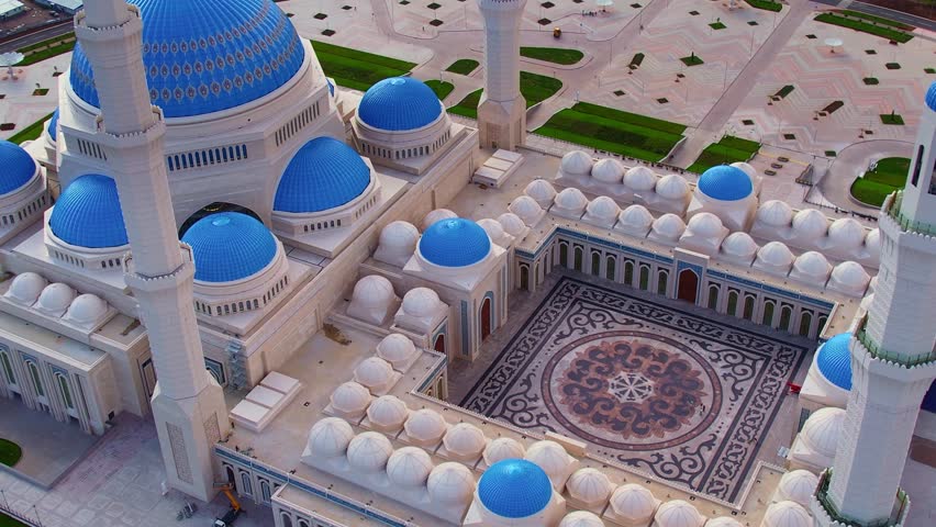 Astana Aerial drone view, Nur-Sultan, Kazakhstan largest big mosque in Central Asia