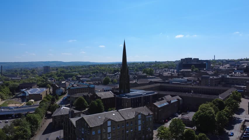 aerial drone shot of Halifax town centre with the piece hall building and library