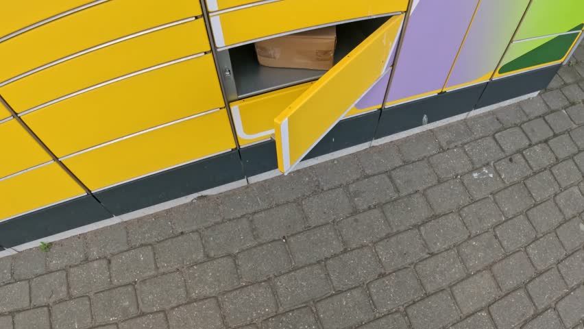 Picking up parcel from yellow post machine, POV view