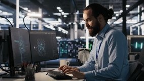 Server room IT specialist frustrated by difficult complex tasks in office. Stressed engineer developing neural network software while working extended hours in data center, camera A - Powered by Shutterstock - Get 15% off with code: PIKWIZARD15