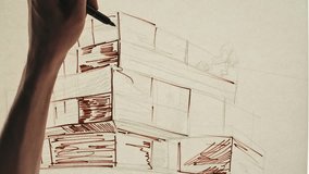 Close-up of drawing buildings by pencil on white paper. The architect making sketches for the projection of the building macro. Drawing and sketching lessons - Powered by Shutterstock - Get 15% off with code: PIKWIZARD15