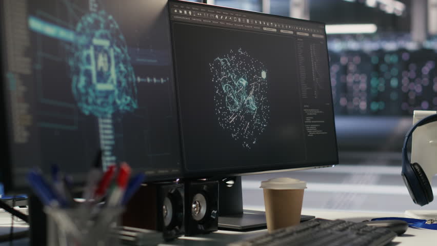 Server hub PC screens tracking rackmounts processing large scale machine learning datasets for artificial intelligence operations. Computer displays monitoring gear used in AI model development - Powered by Shutterstock - Get 15% off with code: PIKWIZARD15
