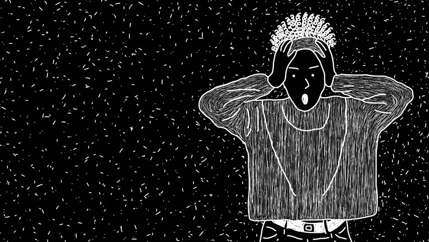 This is a motion graphic animation of a white wiggly hand drawn surprise woman dotted background, on alpha transparent background, on loop