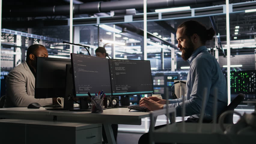 Engineer in data center frustrated by critical error popup on monitor during diagnostics session. IT expert stressed while troubleshooting system fault affecting infrastructure performance, camera A - Powered by Shutterstock - Get 15% off with code: PIKWIZARD15