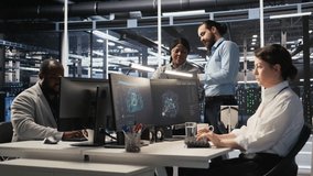 Data center engineering team colleagues collaborating on blade servers maintenance to ensure continuous AI processing. Technicians manage infrastructure supporting machine learning pipelines, camera A - Powered by Shutterstock - Get 15% off with code: PIKWIZARD15